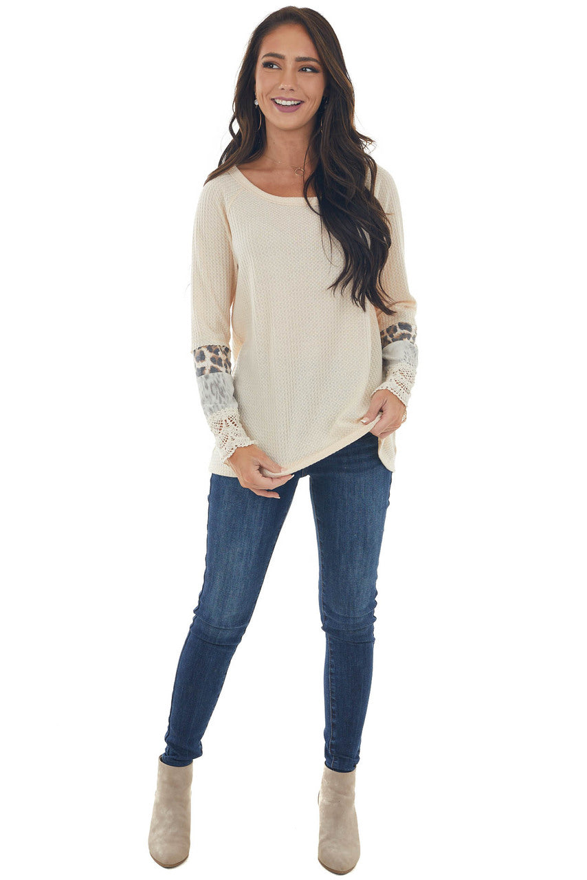 Beige Long Sleeve Waffle Knit Top with Multiprint Cuff