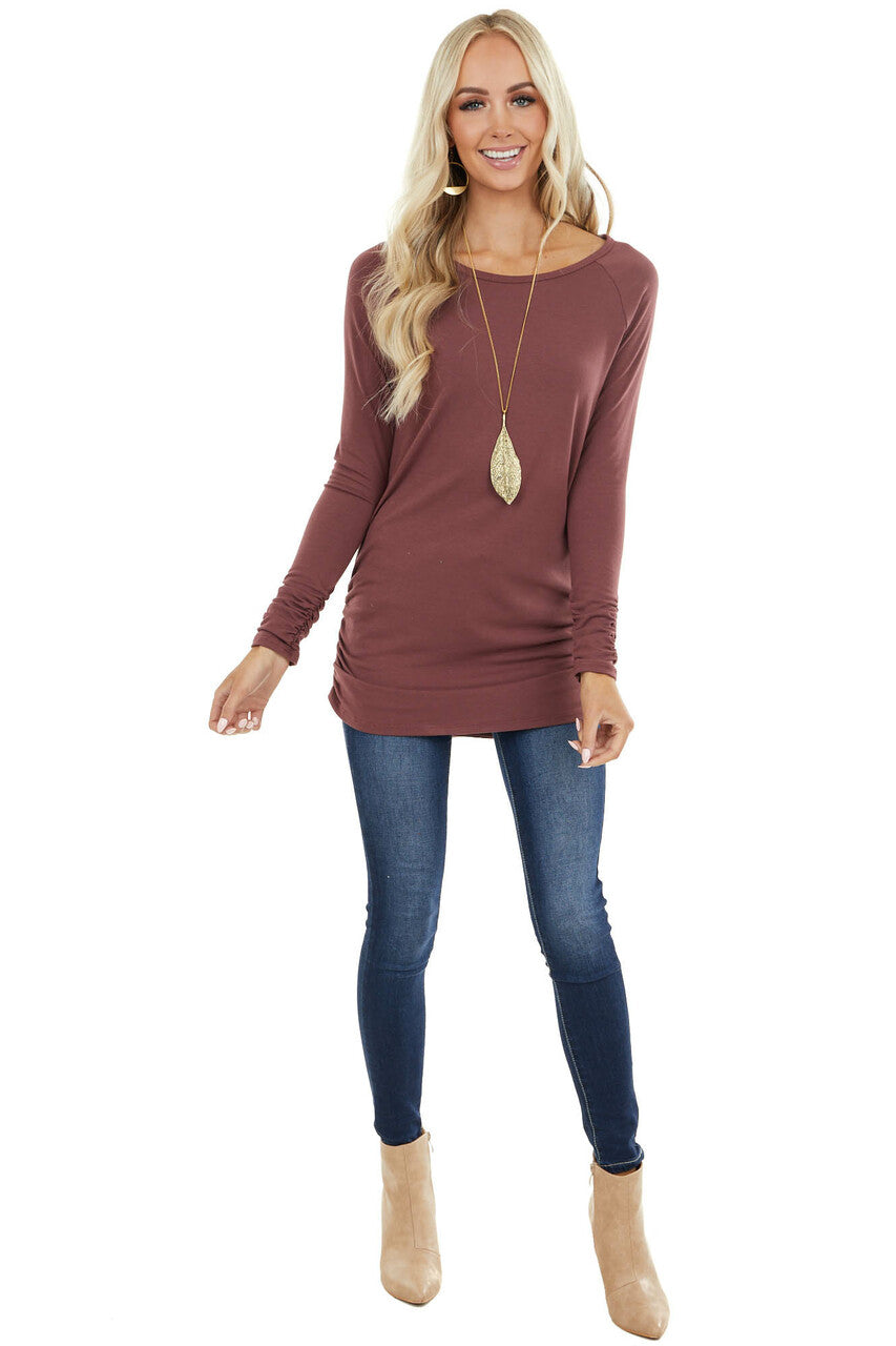 Marsala Long Raglan Sleeve Top with Ruching Details