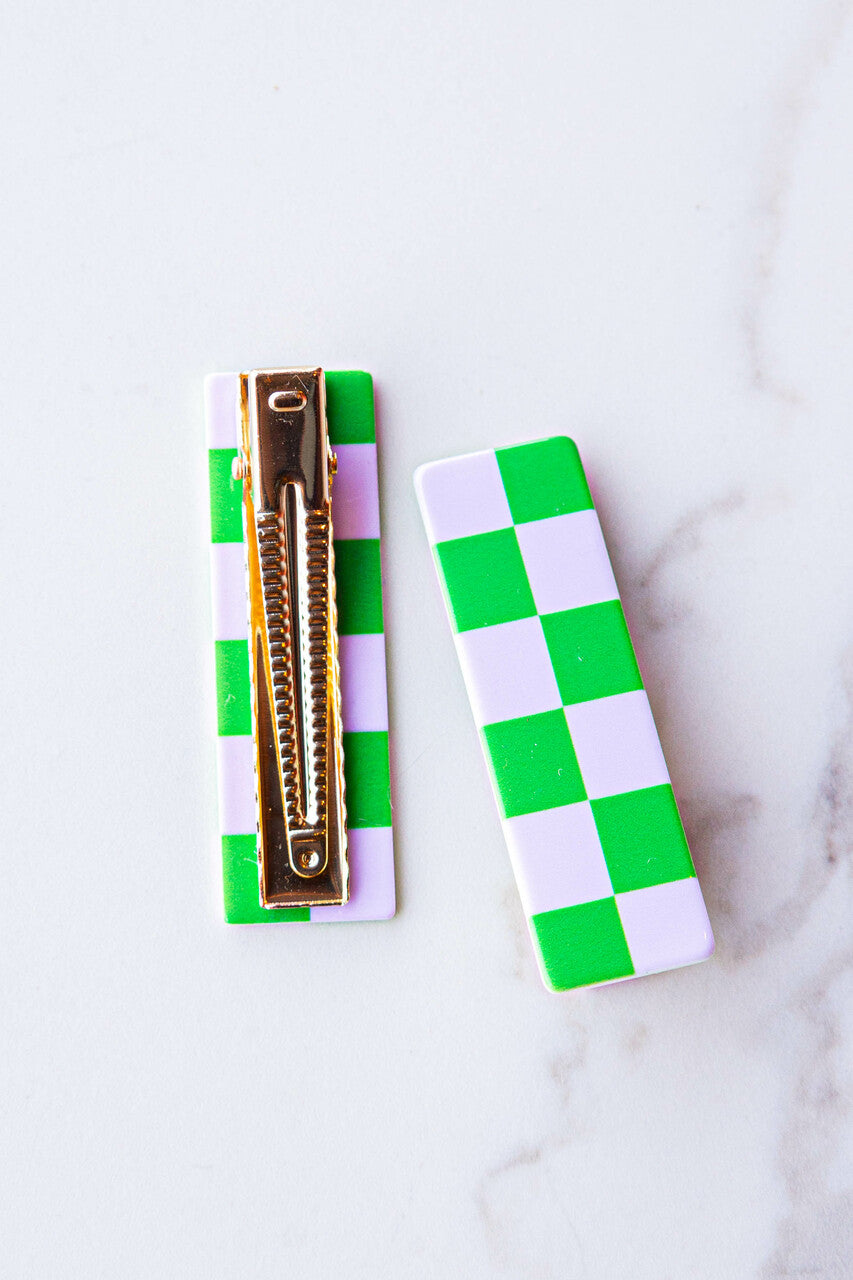 Jade and Mauve Checkered Bar Hair Clips 