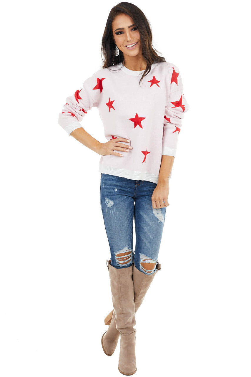 Ivory and Cranberry Star Print Stretchy Knit Long Sleeve Top