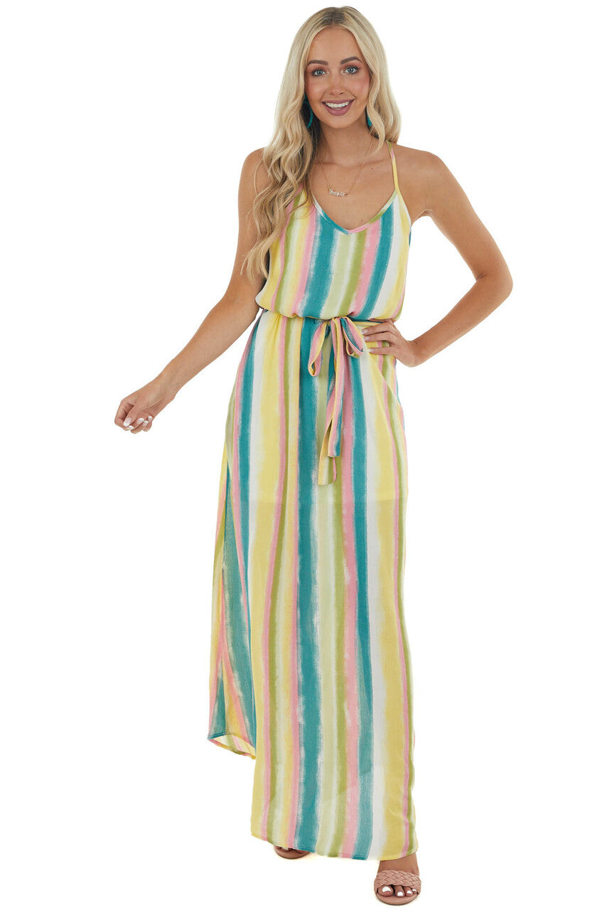 Sea Blue Striped Maxi Dress with Tie Waist