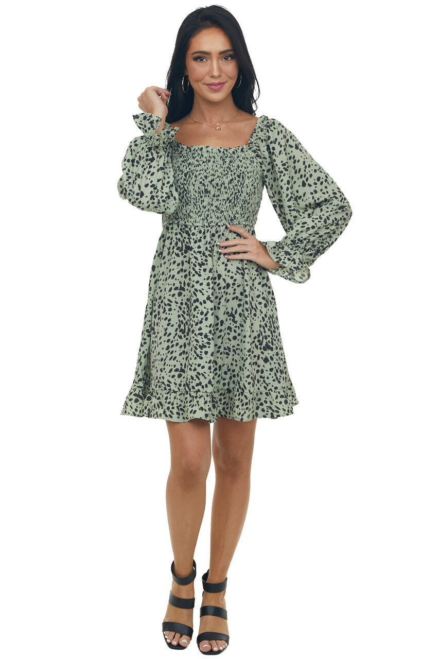 Sage Cheetah Smocked Off Shoulder Dress 