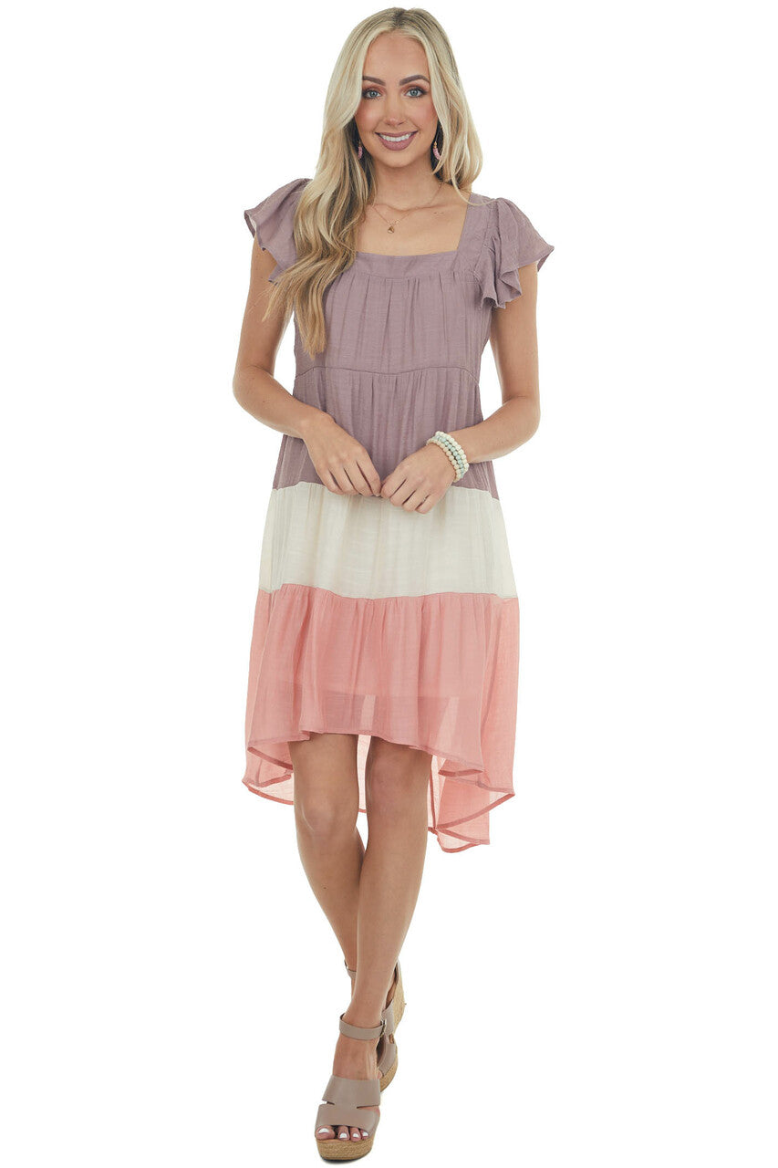 Mauve Colorblock Square Neckline Short Dress
