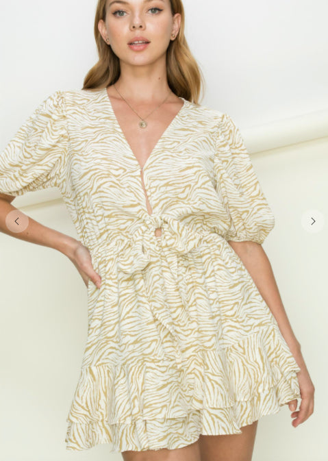 khaki-zebra-ruffle-hem-front-tie-dress