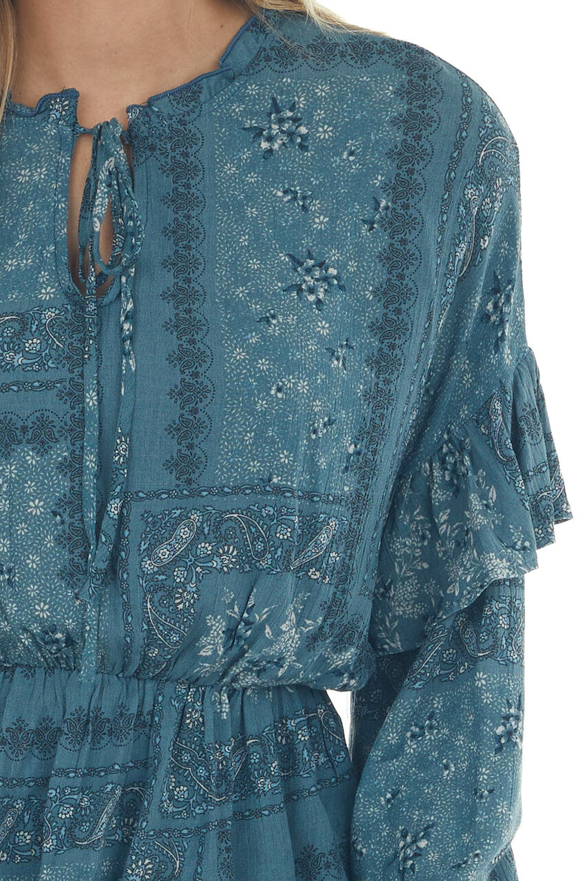 Sea Blue Printed Long Sleeve Peplum Fit Blouse