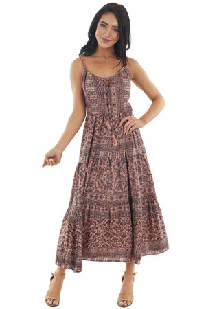 Dusty Rose Floral Print Tiered Midi Dress with Tie Details