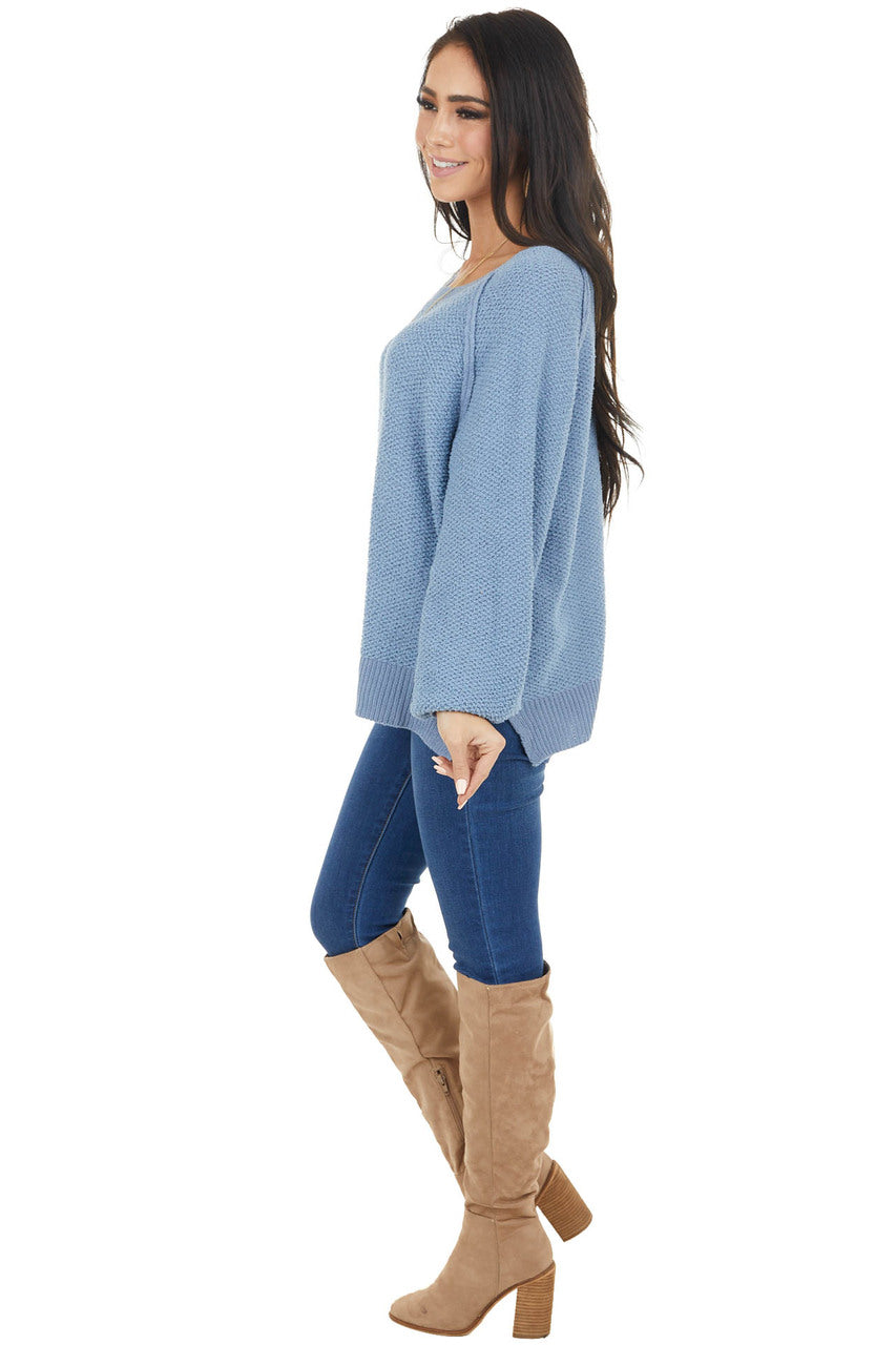 Dusty Blue Long Sleeve Lightweight Sweater with Raw Details