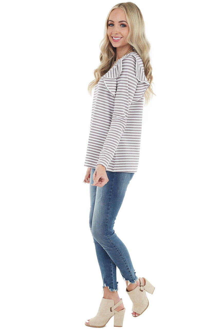 Mocha and Ivory Striped Long Sleeve Top with Ruffle Detail 
