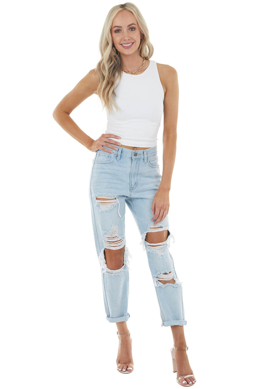 Light Wash High Rise Boyfriend Heavy Distressed Denim Jeans