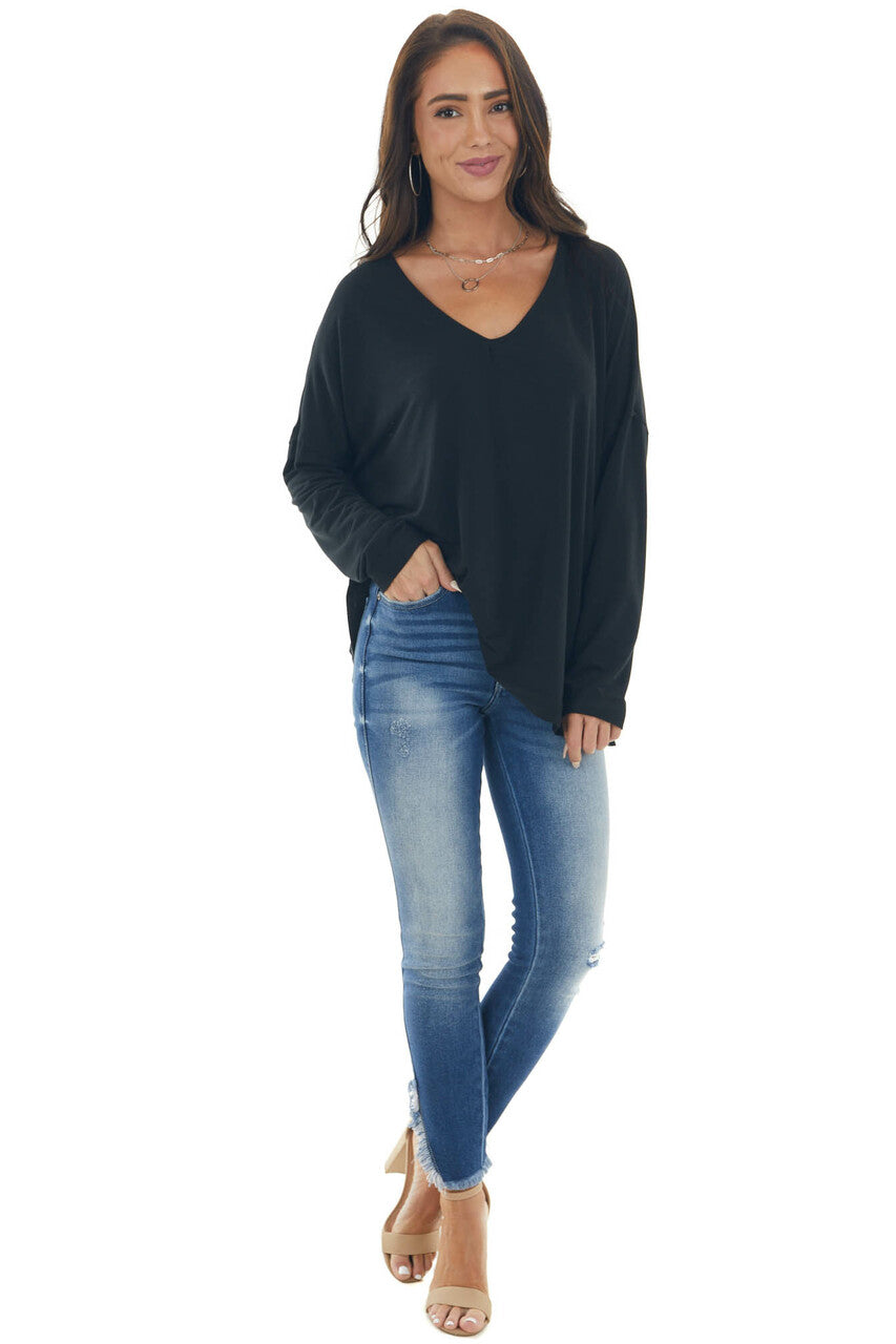 Black Drop Shoulder Knit Top with V Neck