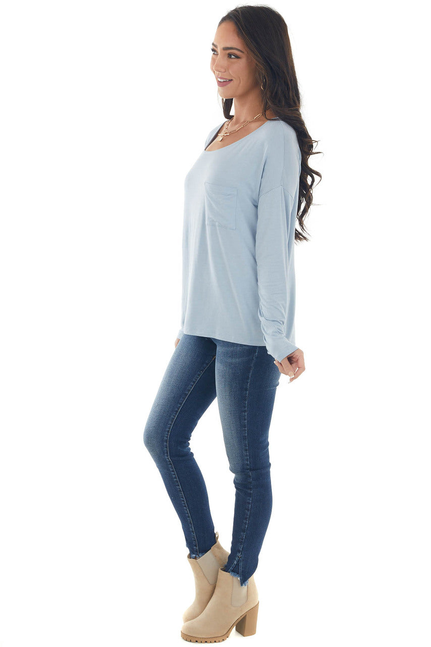 Powder Blue Drop Shoulder Chest Pocket Top
