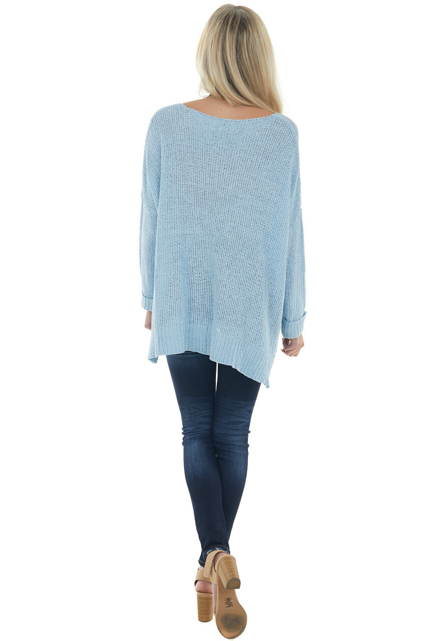 Sky Blue Loose Knit Cuff Sleeve Sweater 