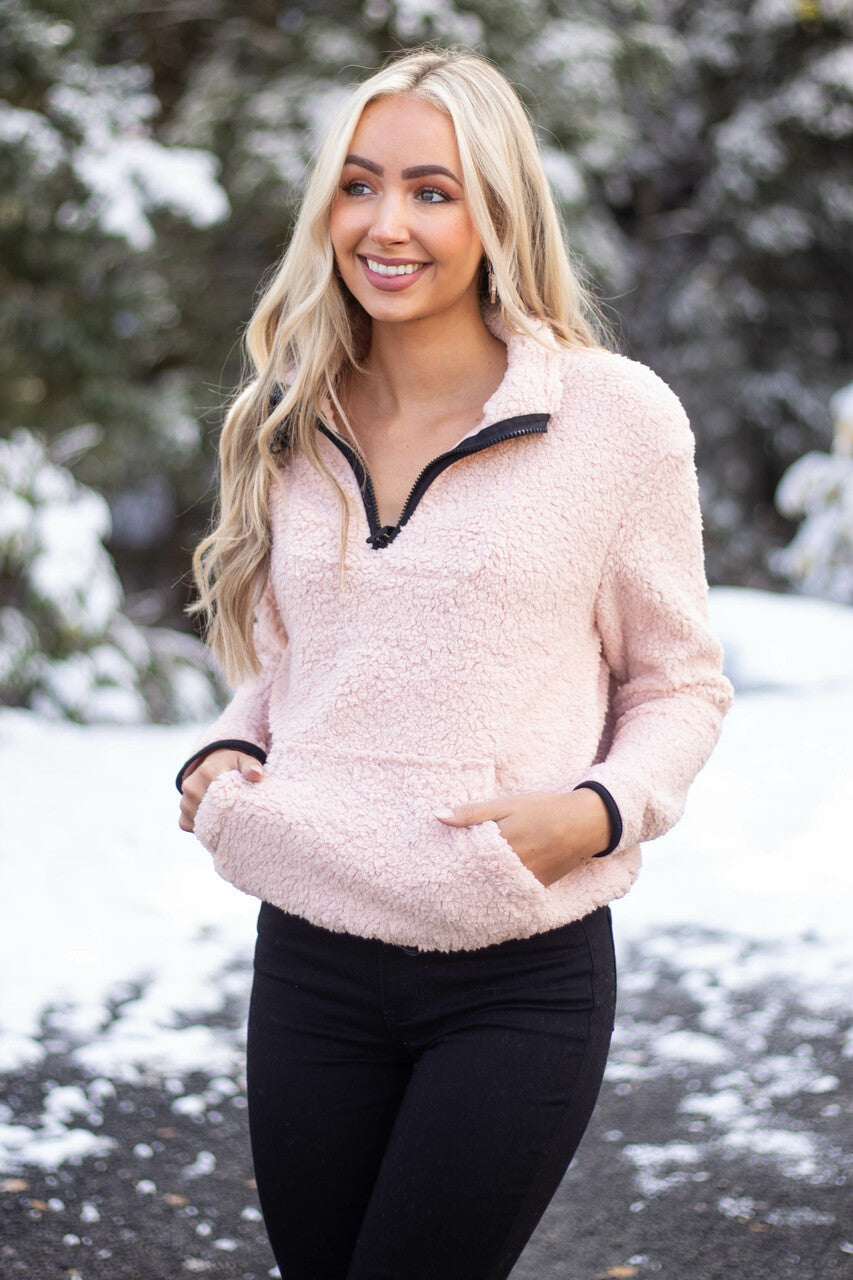 Blush Sherpa Pullover Jacket with Front Pocket