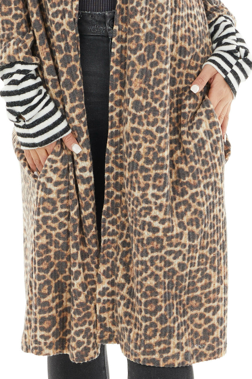 Beige Leopard Print Cardigan with Striped Contrasts