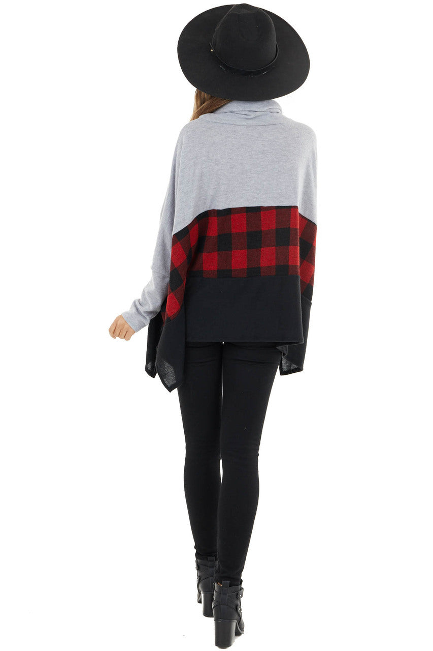 Crimson Red Buffalo Plaid Cowl Neck Long Sleeve Poncho