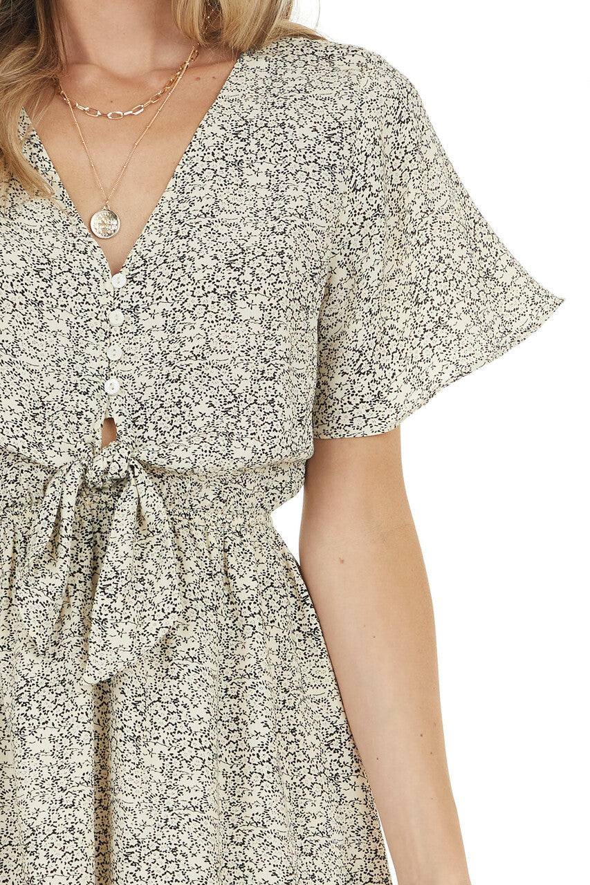 Black Ditsy Floral Print Short Flutter Sleeve Short Dress