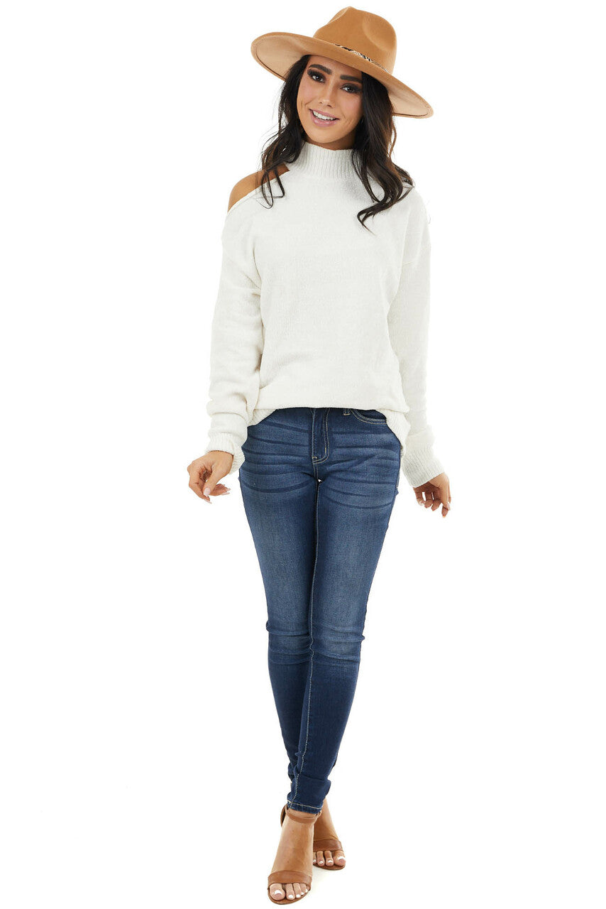 Ivory Cold Shoulder Chenille Sweater with Long Sleeves