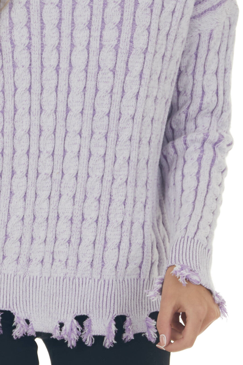 Lilac Cable Knit Distressed Trim Sweater
