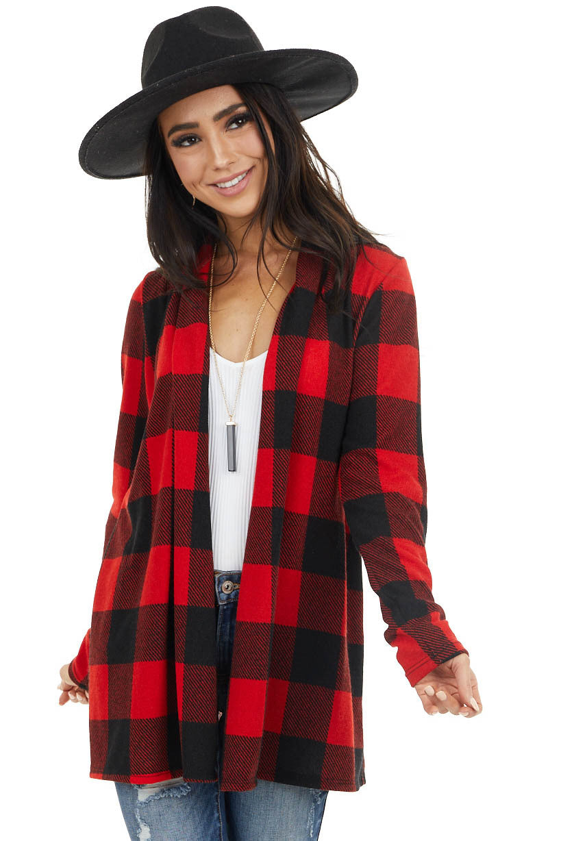 Crimson and Black Buffalo Plaid Cardigan with Elbow Patches