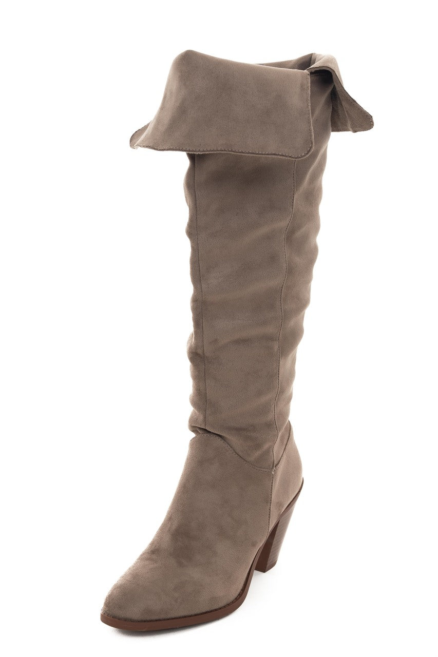 Oatmeal Faux Suede Folded Slouchy Heeled Boots 