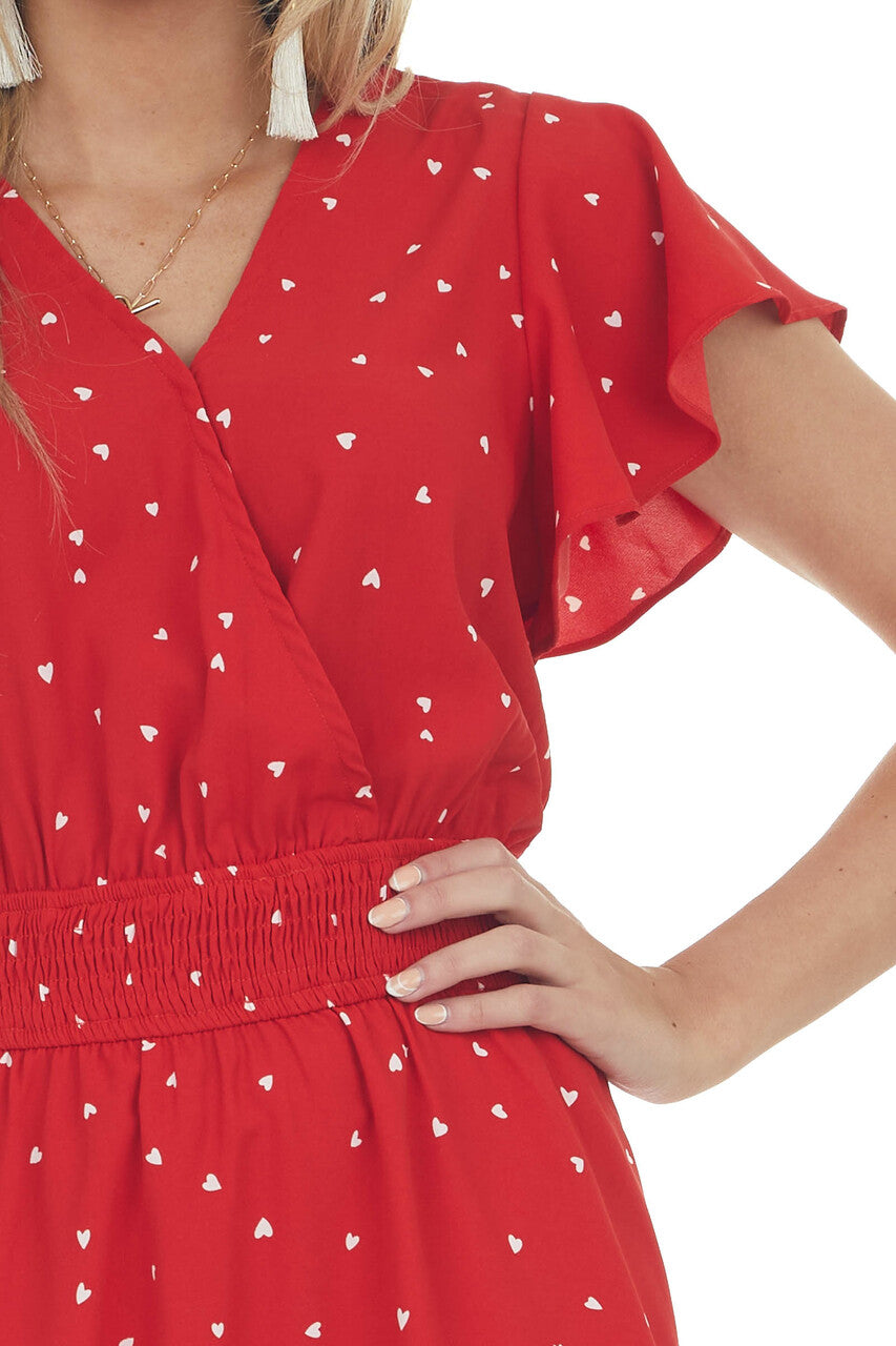 Lipstick Red Heart Print Surplice Short Dress 
