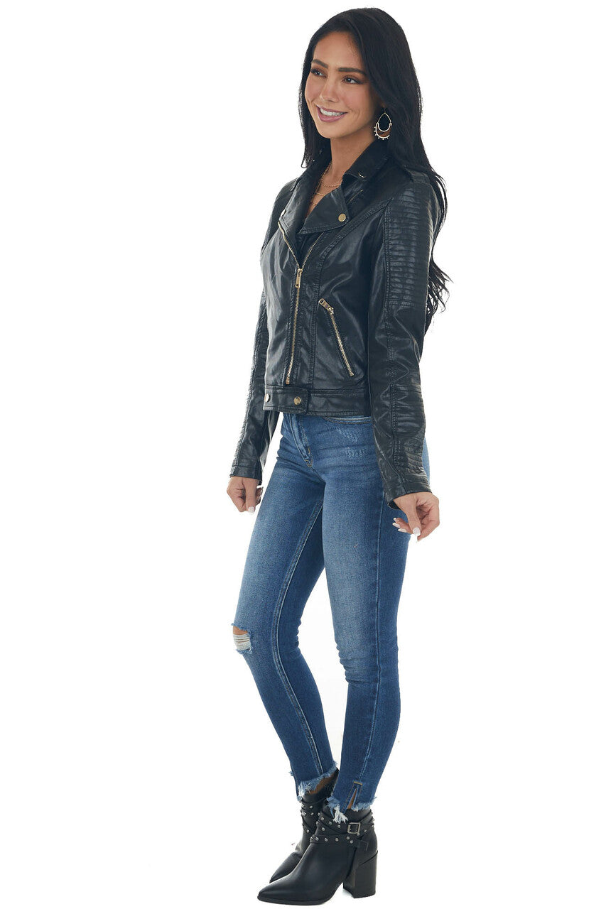 Black Collared Faux Leather Moto Jacket