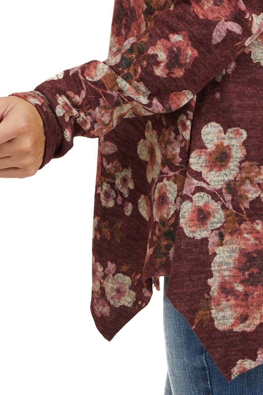 Wine Floral Print Long Sleeve Top with Folded Off Shoulder 