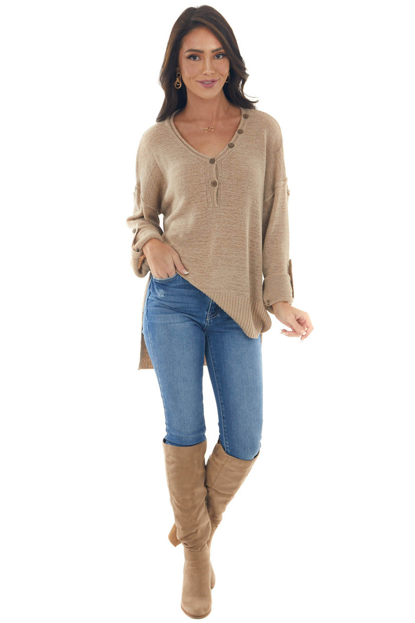 Latte Button Up Rolled Cuff Loose Knit Sweater 