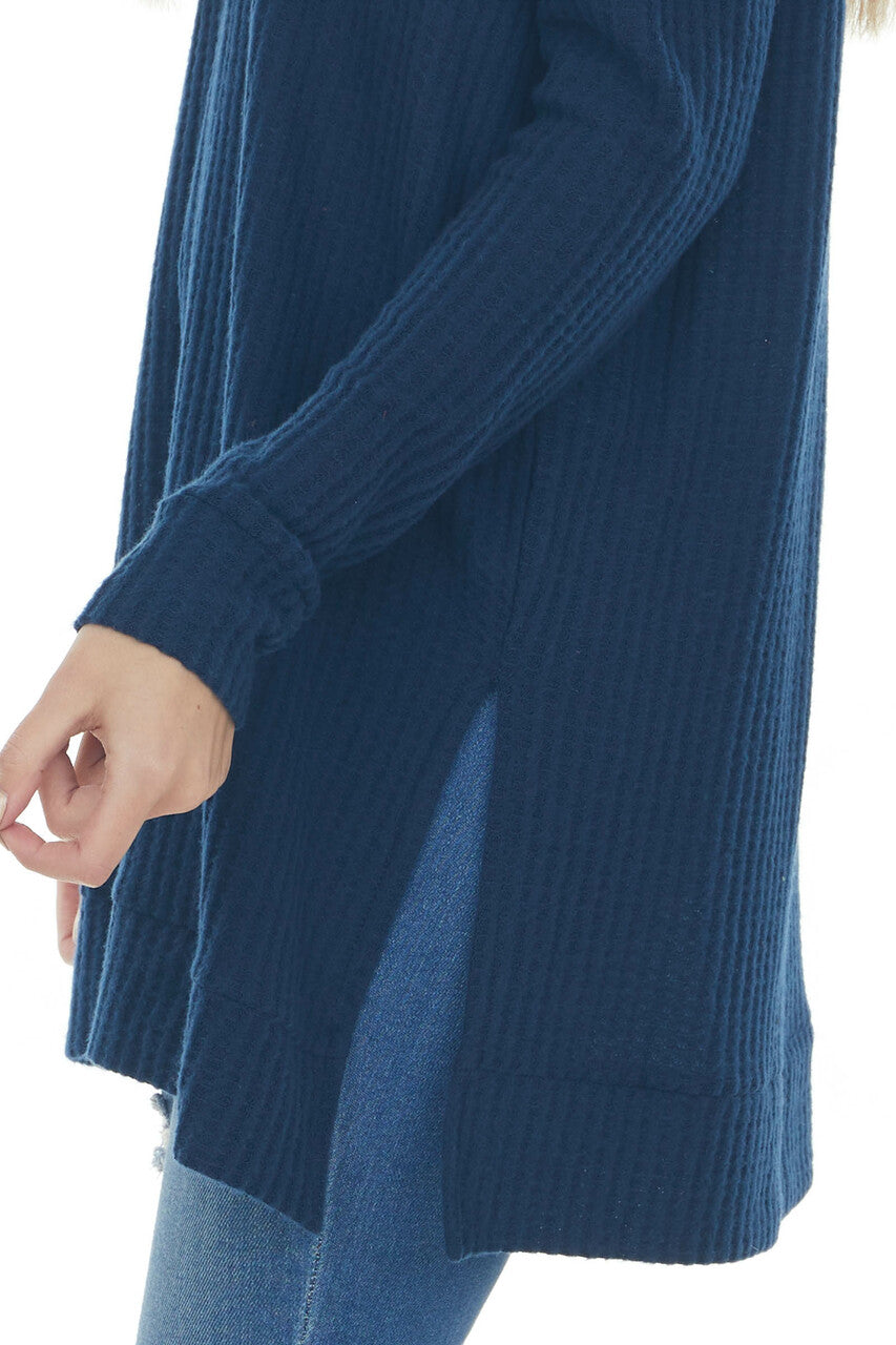 Navy Blue Tunic Length Brushed Waffle Knit Top