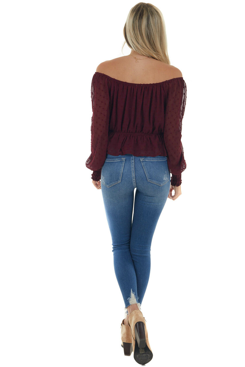 Mahogany Long Sleeve Peplum Swiss Dot Blouse