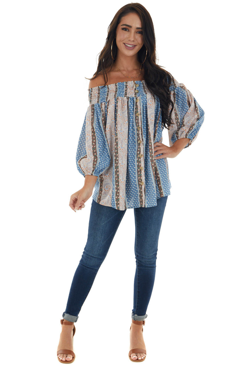 Dusty Blue Printed Smocked Off Shoulder Blouse