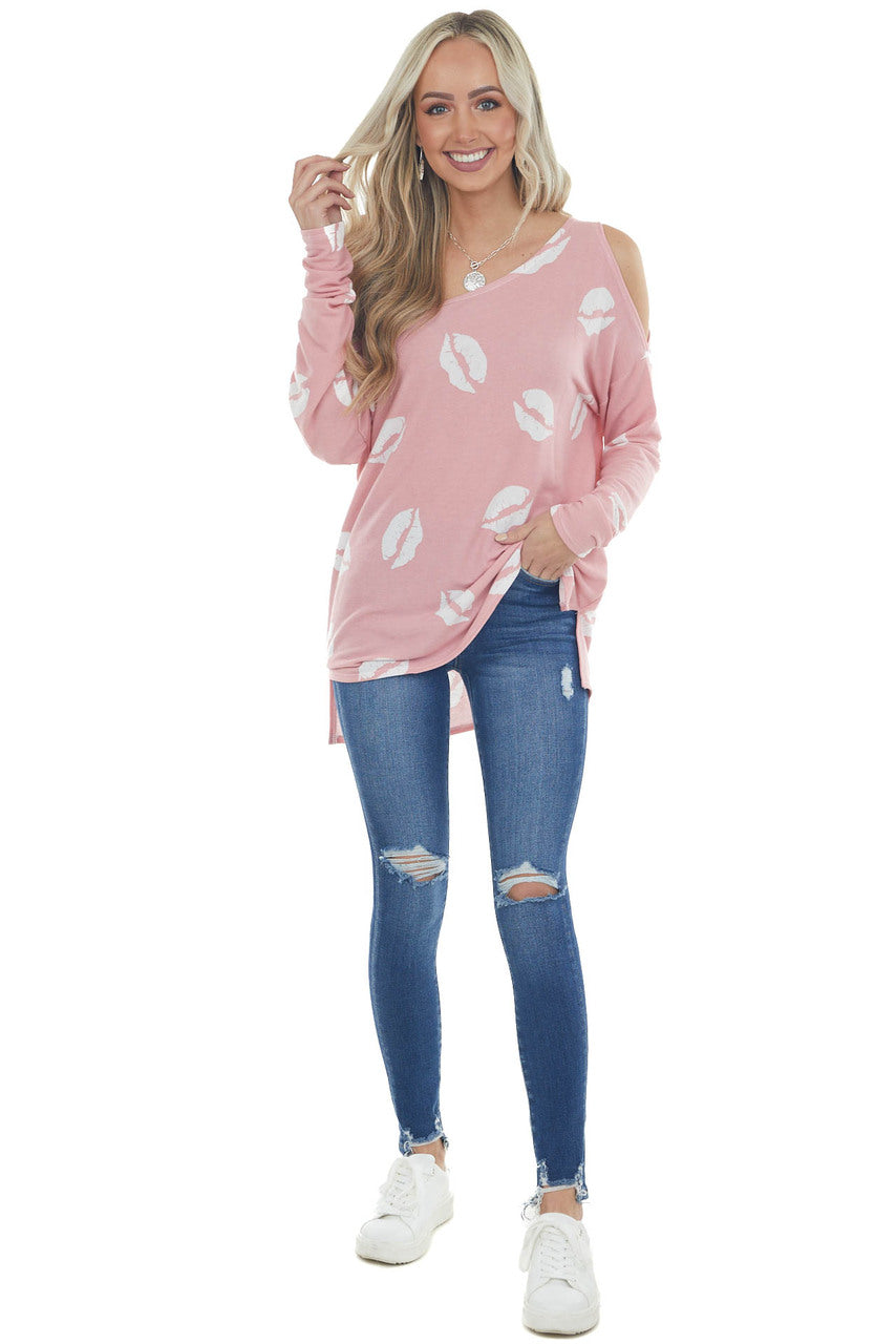 Light Punch Lip Print Off the Shoulder Top