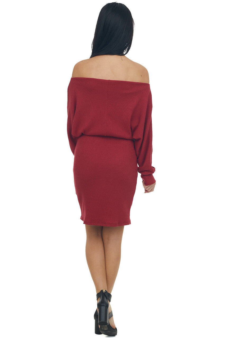 Cherry Ribbed Off Shoulder Dolman Sleeve Dress