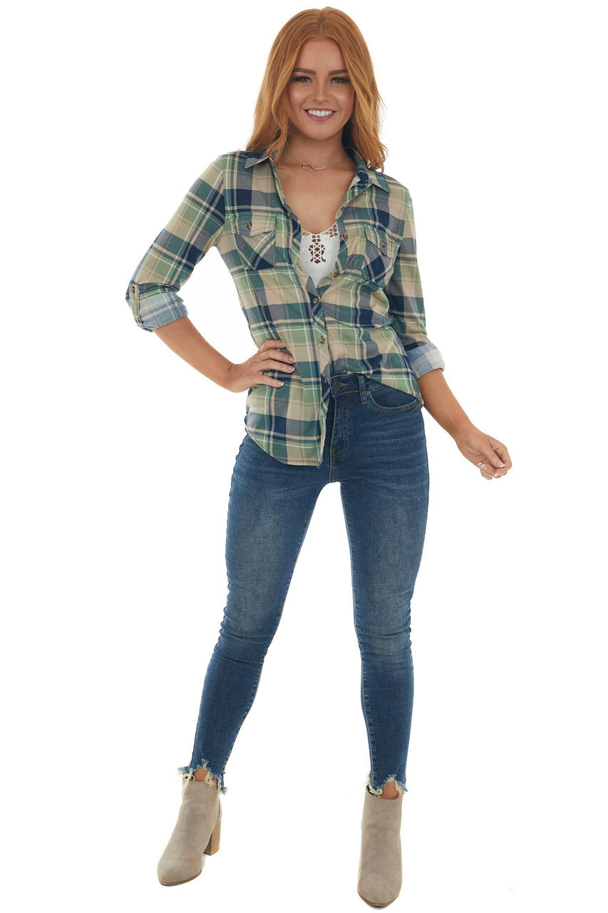 Pistachio and Navy Plaid Top with Chest Pocket 