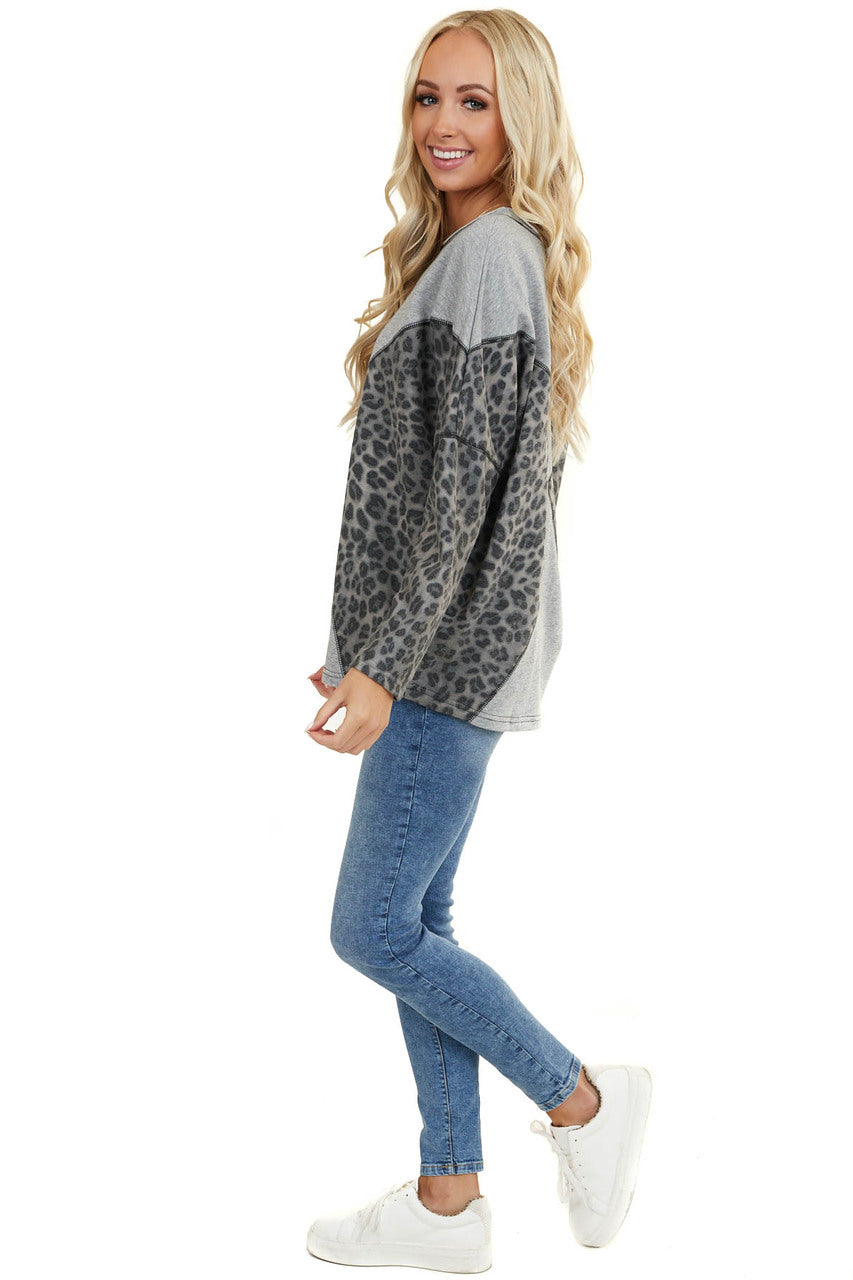 Heather Grey and Leopard Print Long Sleeve Sweater Top 