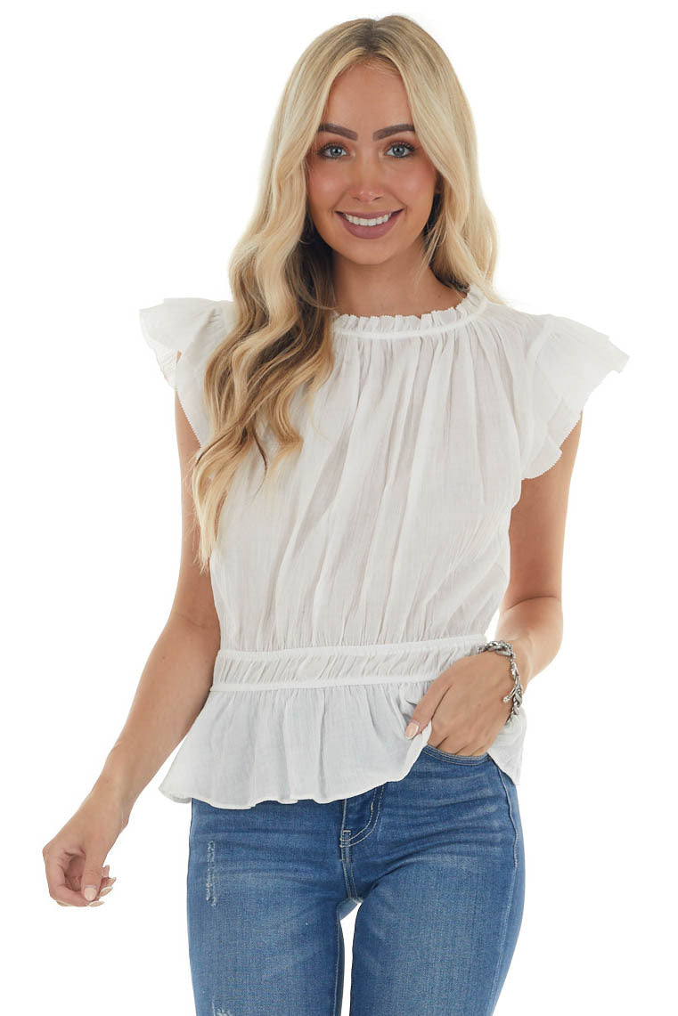 Ivory Ruffle Cap Sleeve Cinch Waist Blouse 