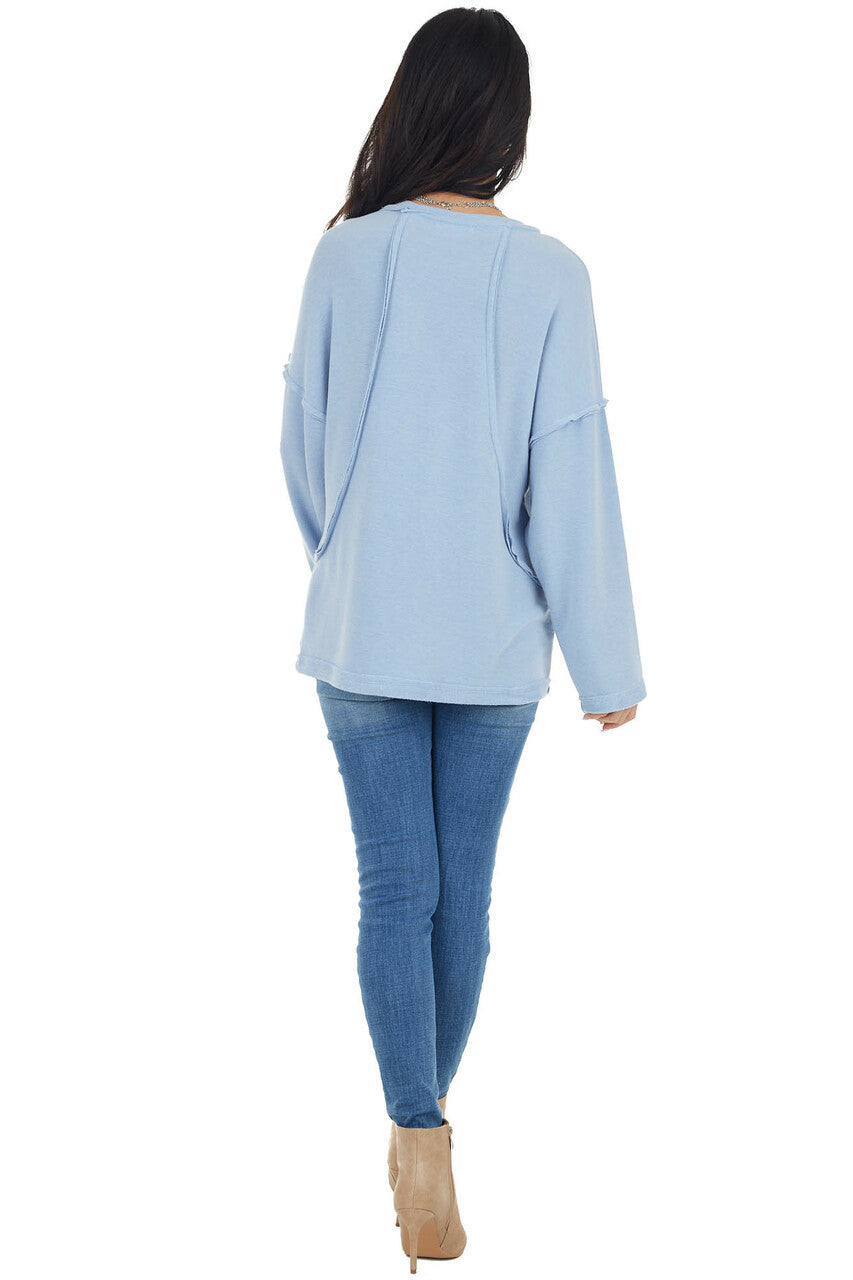 Powder Blue French Terry Knit Top with Raw Edge Details