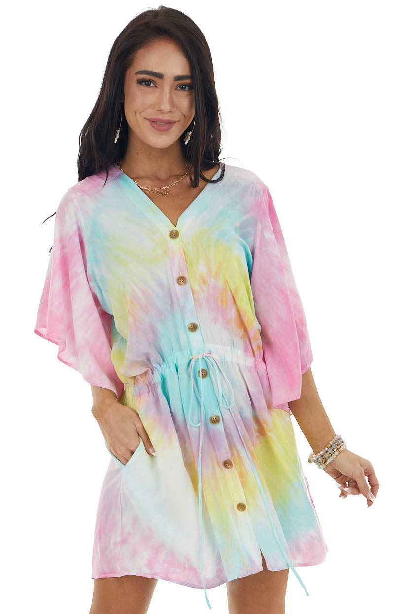 Multicolor Tie Dye Short Sleeve Button Dress