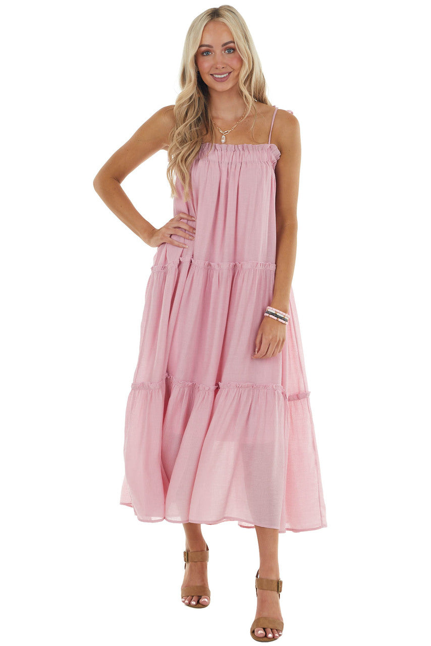 Cherry Blossom Sleeveless Midi Dress with Tiered Details