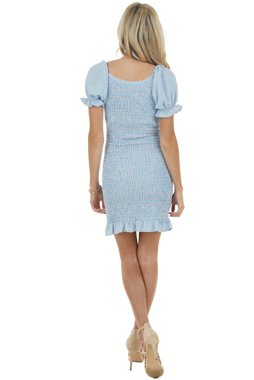Baby Blue and Carnation Plaid Short Puff Sleeve Mini Dress 