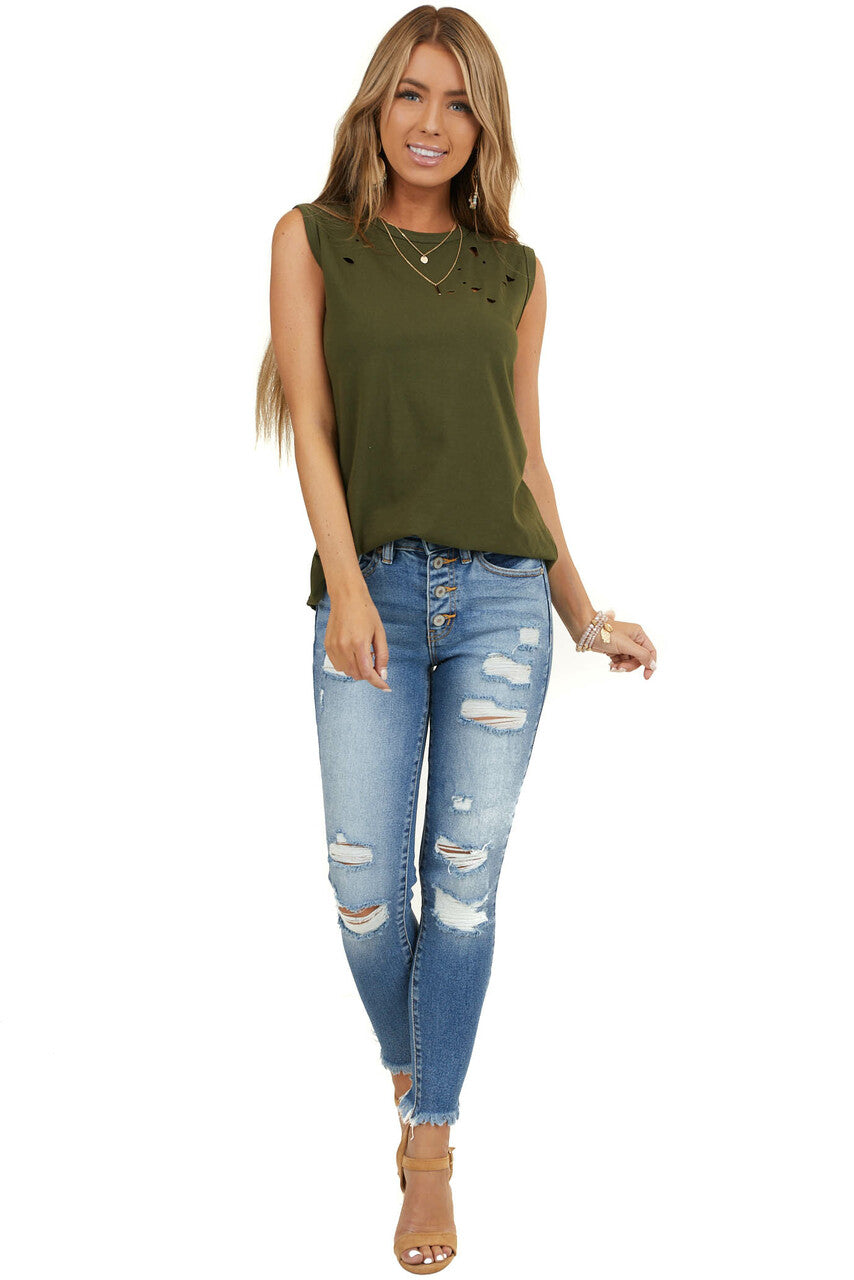 Forest Green Muscle Tank with Laser Cut Hole Details 