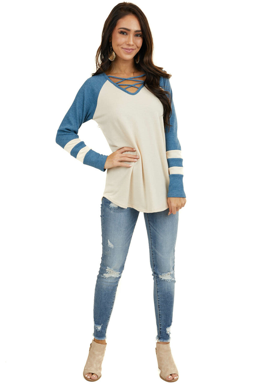 Cream Top with Ocean Waffle Knit Contrast Sleeves