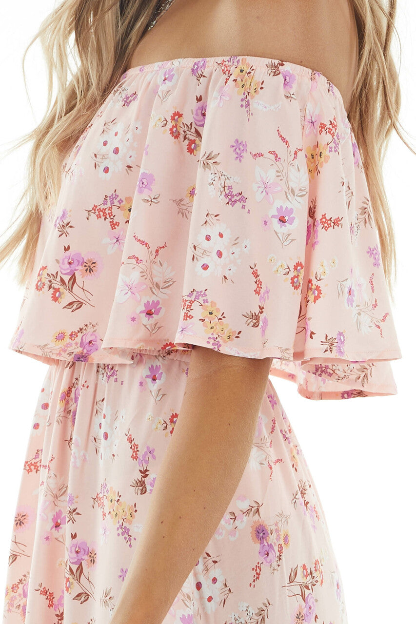 Light Peach Floral Print Off Shoulder Woven Maxi Dress