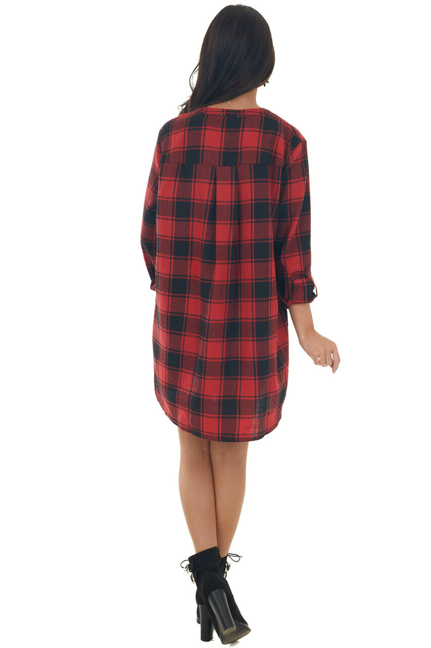 Crimson Buffalo Plaid Notch Neck Shirt Dress 