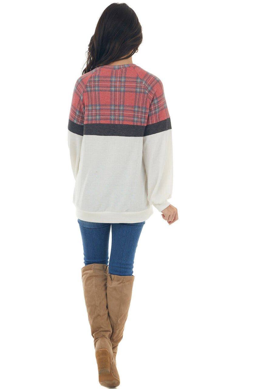 Crimson Plaid Colorblock Brushed Knit Top