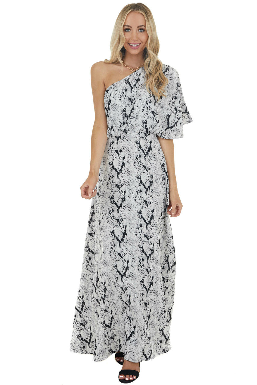 Dove Grey Snakeskin Print Woven Maxi Dress with One Shoulder 