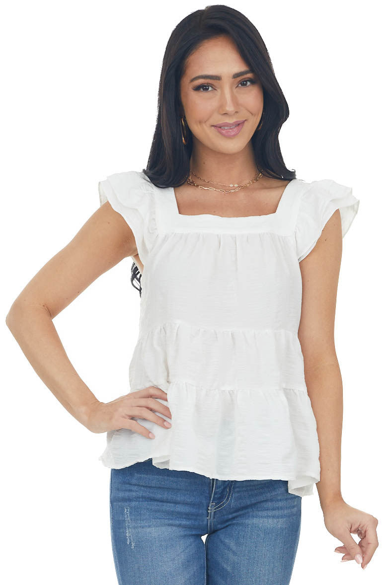 Ivory Square Neck Ruffle Tiered Blouse