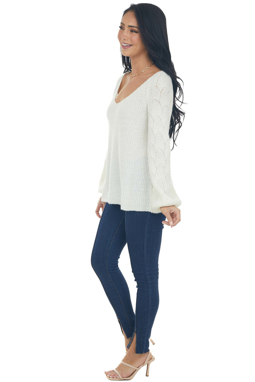 Ivory Bishop Sleeve Fuzzy Pointelle Sweater