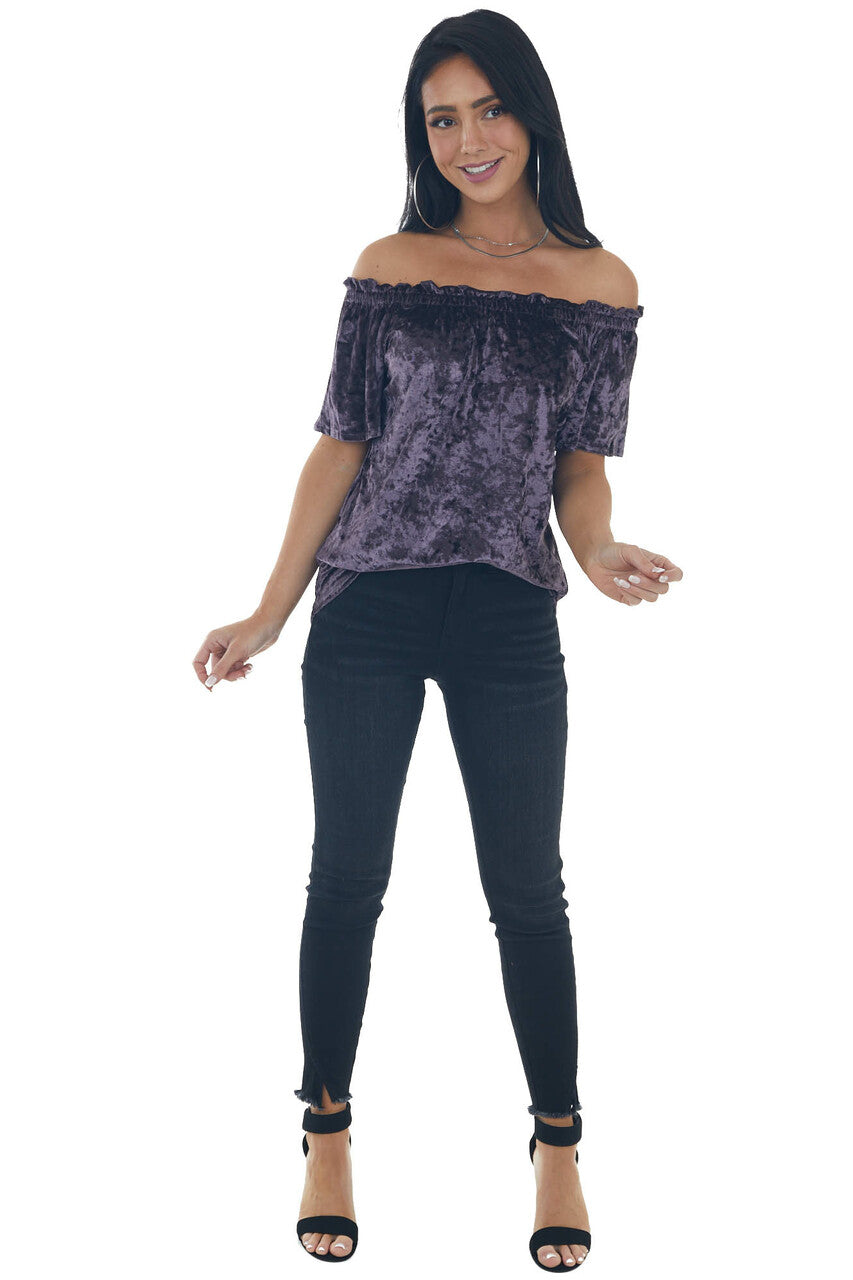 Violet Velvet Frilled Off the Shoulder Top