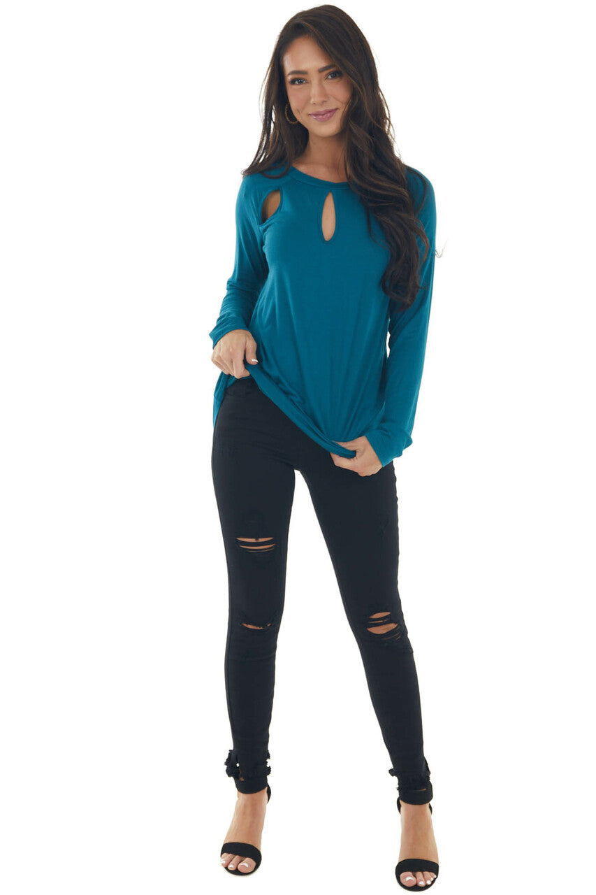 Deep Teal Long Sleeve Triple Chest Keyhole Top 